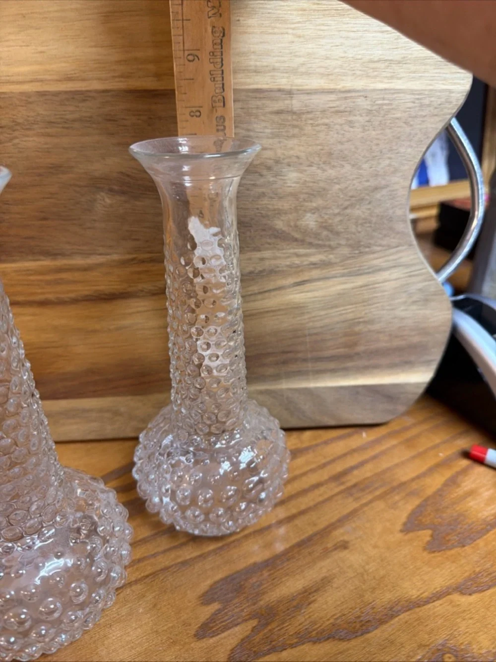 Set of 2 E.O. Brody Hobnail Clear Glass Flower Vases, 1960’s. 7.5” Tall